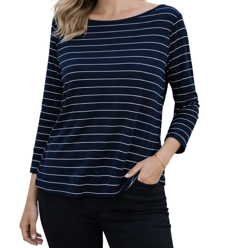 Lauren Ralph Lauren Striped Top Women Large Navy Blue White 3/4 Sleeve Boat Neck